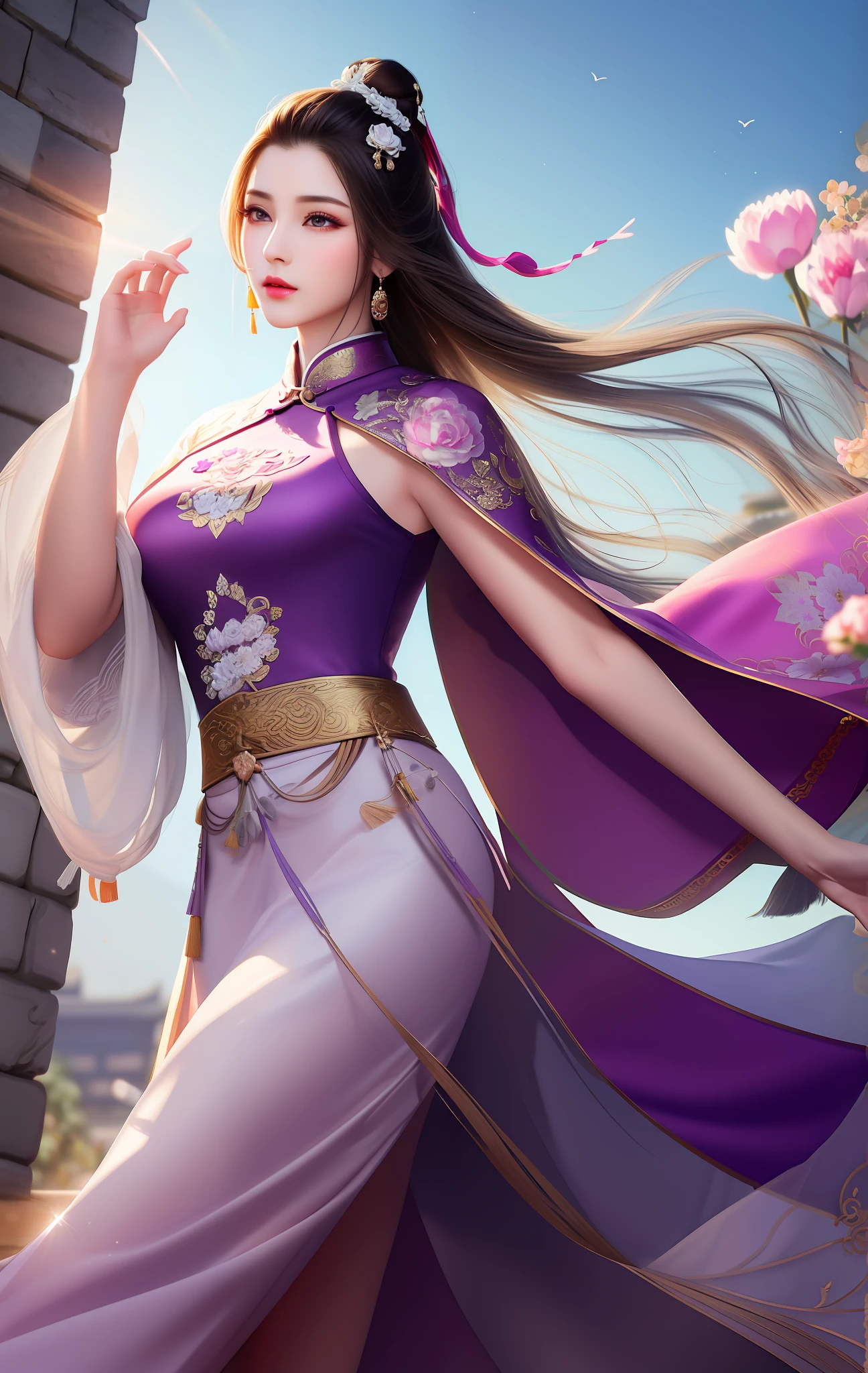 a melhor qualidade, obra de arte, grande parte do corpo, (fundo: jardim), 1 garota, Mulher madura, chinese style, China antiga, Sister, dancer, Cabelo castanho escuro, Cabelo escuro, corte princesa, Cabelos Torcidos, fita, light pink lips, calmo, intelecto, olhos roxos, Banner, fio de prata, Beads, peony, manto, capa, saia de seda, bordado, Rosto delicado, fechar-se, algemado, Roupas leves, beleza, realismo, nervoso, luz de cor dupla escurecimento, (Pele de alto detalhe: 1.2), 8k hd, SLR, luz suave, alta qualidade, volumetric light, foto , high resolution, 4k, 8k, fundo blurred