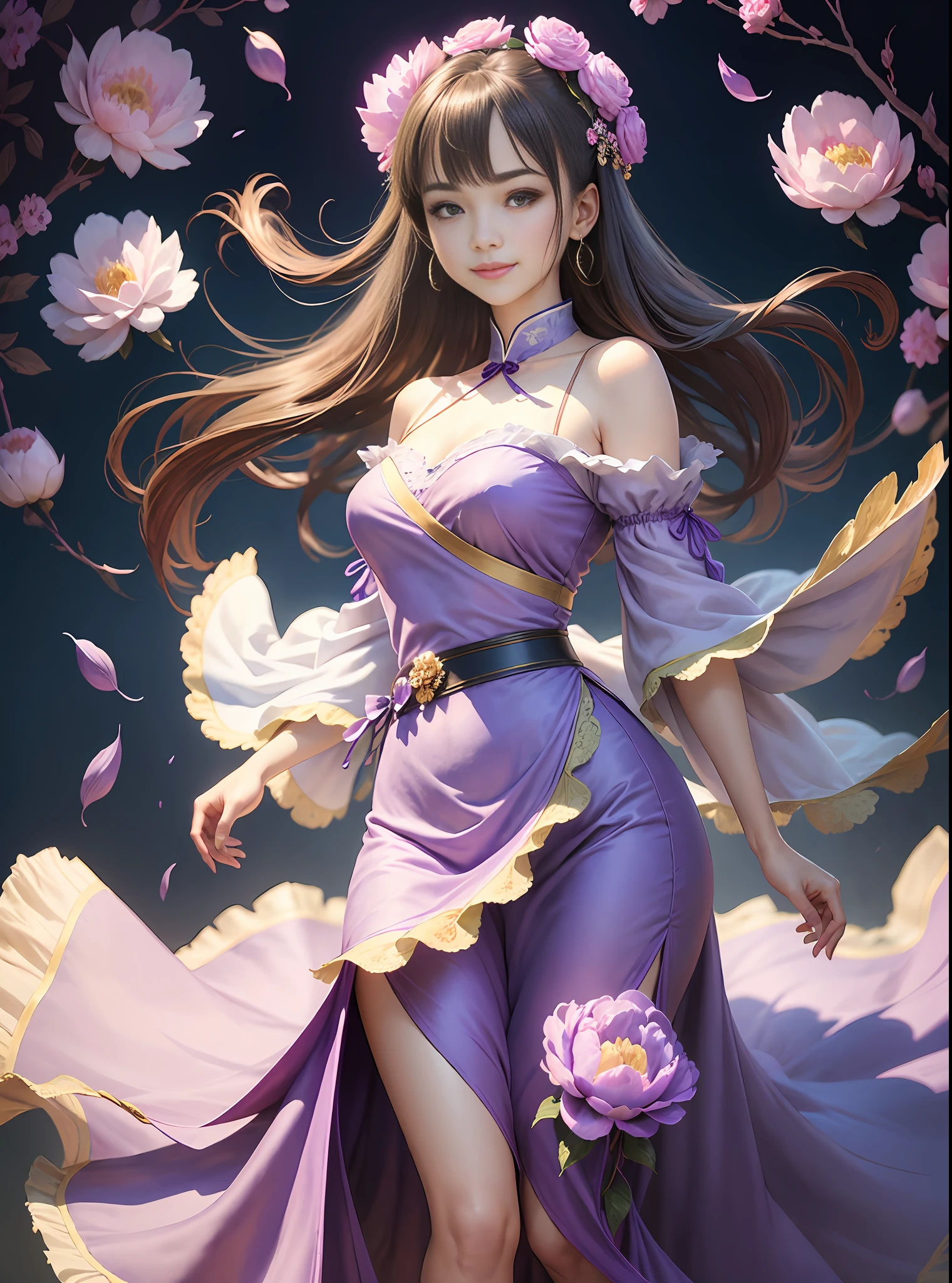 1 garota, (corpo todo), (parte superior do corpo humano, parte inferior do corpo como cintura de cavalo para cima)), sorriso, beautiful lighting, Melhor qualidade, obra de arte, super high resolution, realista (estilo aquarela: 1.3), (lots of purple peony flower background: 1.4), vestindo elegante off-the-shoulder azul aqua branco porcelana hanfu vestido, holding chinese feather fan