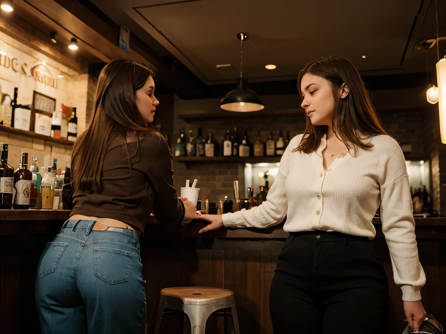 Several very drunk, thick Russian chicks are standing at the bar counter in a bistro in tight warm clothes that don’t fit their size, drinking alcohol in a deranged state, having difficulty standing on their feet, really wanting to go to the toilet, holding back the urge to urinate, the girl on the left stands in a dress, unconscious from alcohol intoxication, the girl on the right is standing in trousers, she really wants to go to the toilet, the girl on the left is peeing while standing in trousers