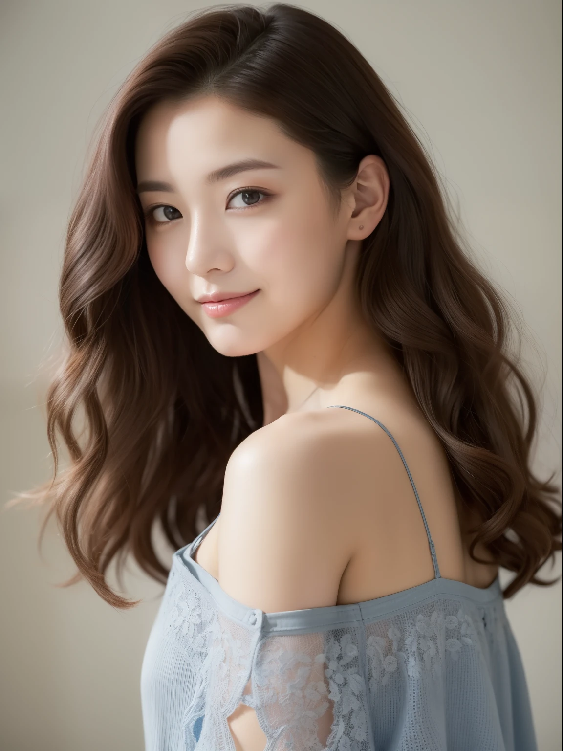 Beautiful 25 year old woman。She wears a tight camisole in light blue-gray satin fabric。Black lace at chest and hem.。Sweetie smile。Her dark brown hair is、Her hair is curly long hair。She has one hand on her chest.　hight resolution、​masterpiece、top-quality、headw:1.4、((Hasselblad photo))、Fine skin、fine textured knit、(电影灯光)、鎖骨