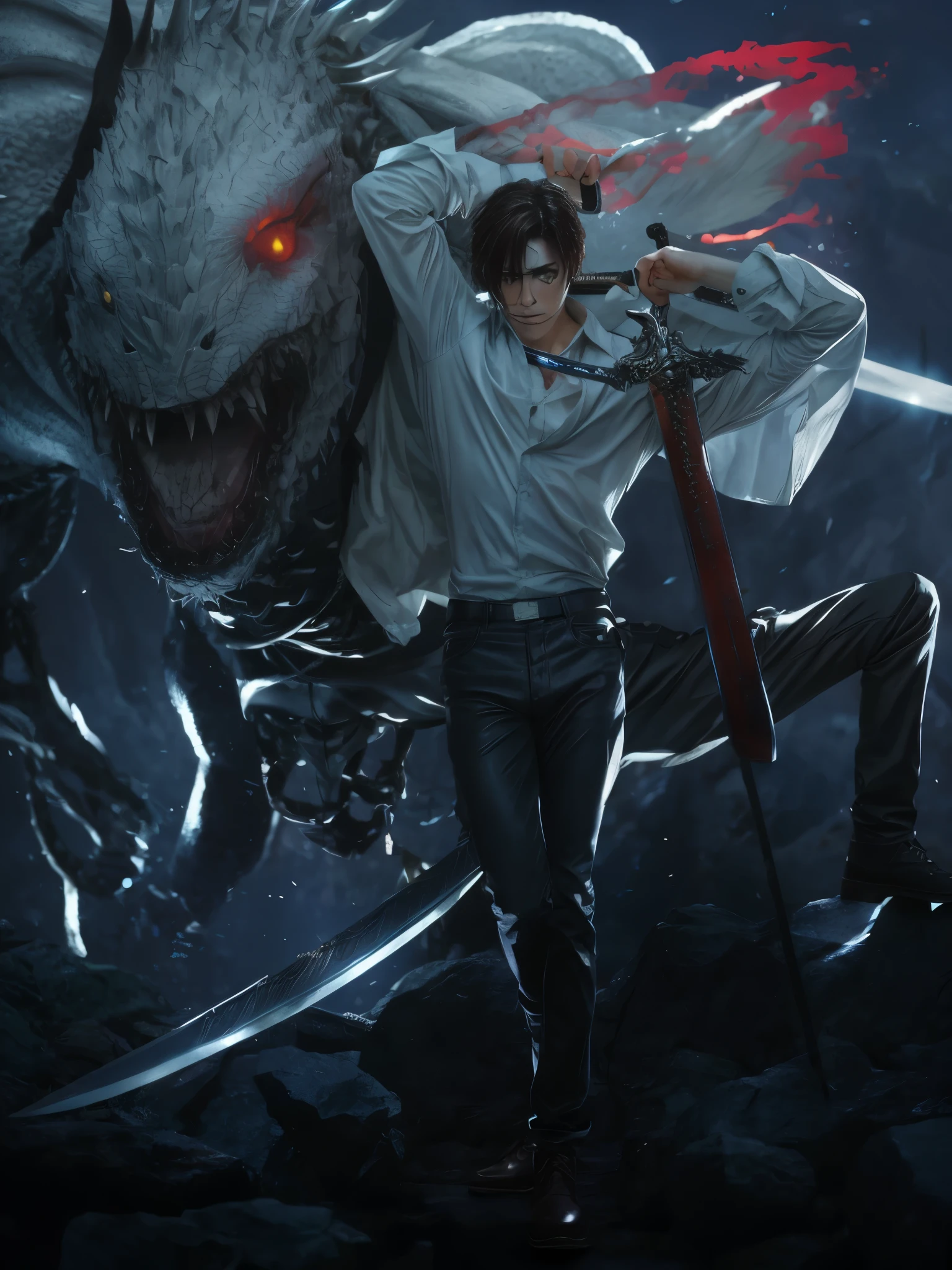 realistic male character holding a sword, wearing a white shirt, and a white monster with one eye 