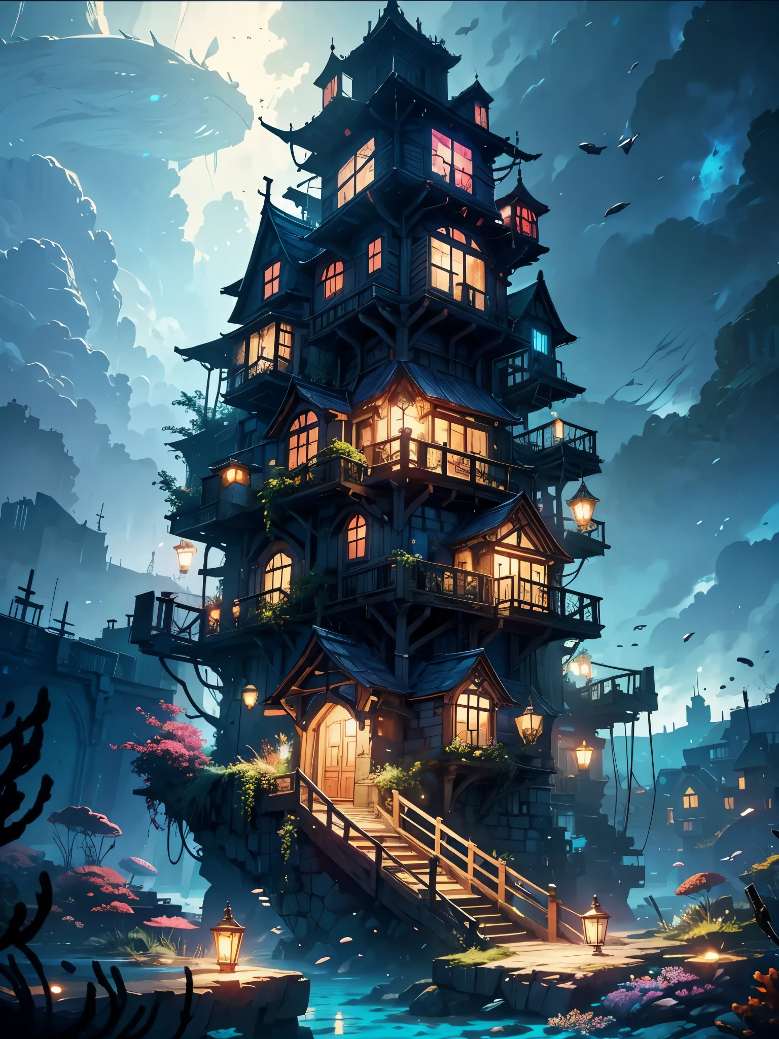 Color (Fantasy: 1.2), (irregular building floating under the sea), patchwork cottages, Moss decorations, coral, lights, concept art inspired by Andreas Rocha, Artstation contest winner, Fantasy art, (underwater city), ross tran, light shafts, realistic lighting, masterpiece, high quality, beautiful graphics, high detail, masterpiece, high quality, beautiful graphics, high detail, big ass, pernas grossas