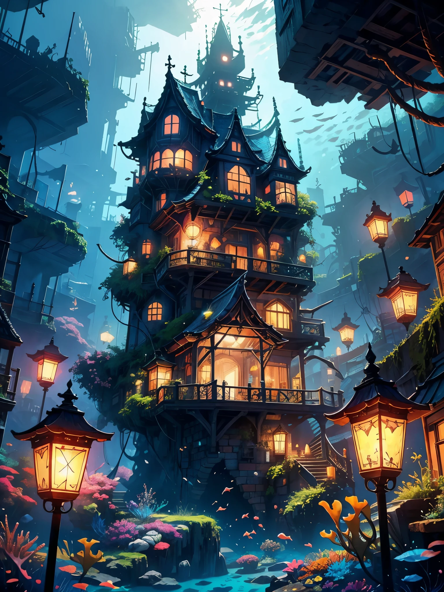 Color (Fantasy: 1.2), (irregular building floating under the sea), patchwork cottages, Moss decorations, coral, lights, concept art inspired by Andreas Rocha, Artstation contest winner, Fantasy art, (underwater city), ross tran, light shafts, realistic lighting, masterpiece, high quality, beautiful graphics, high detail, masterpiece, high quality, beautiful graphics, high detail, big ass, pernas grossas
