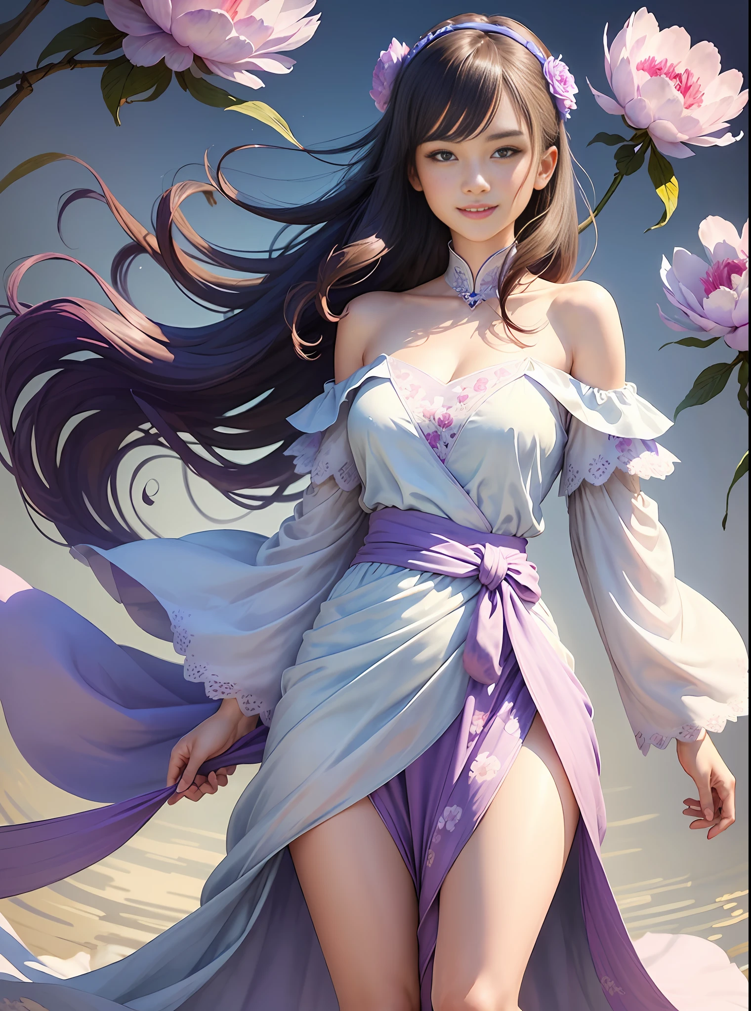 1 garota, (corpo todo), ((parte superior do corpo humano, parte inferior do corpo como cintura de cavalo para cima)), sorriso, beautiful lighting, Melhor qualidade, obra de arte, super high resolution, realista (estilo aquarela: 1.3), (purple peony flower background: 1.4), wearing an elegant white and lake water blue porcelain hanfu dress with wide shoulders,