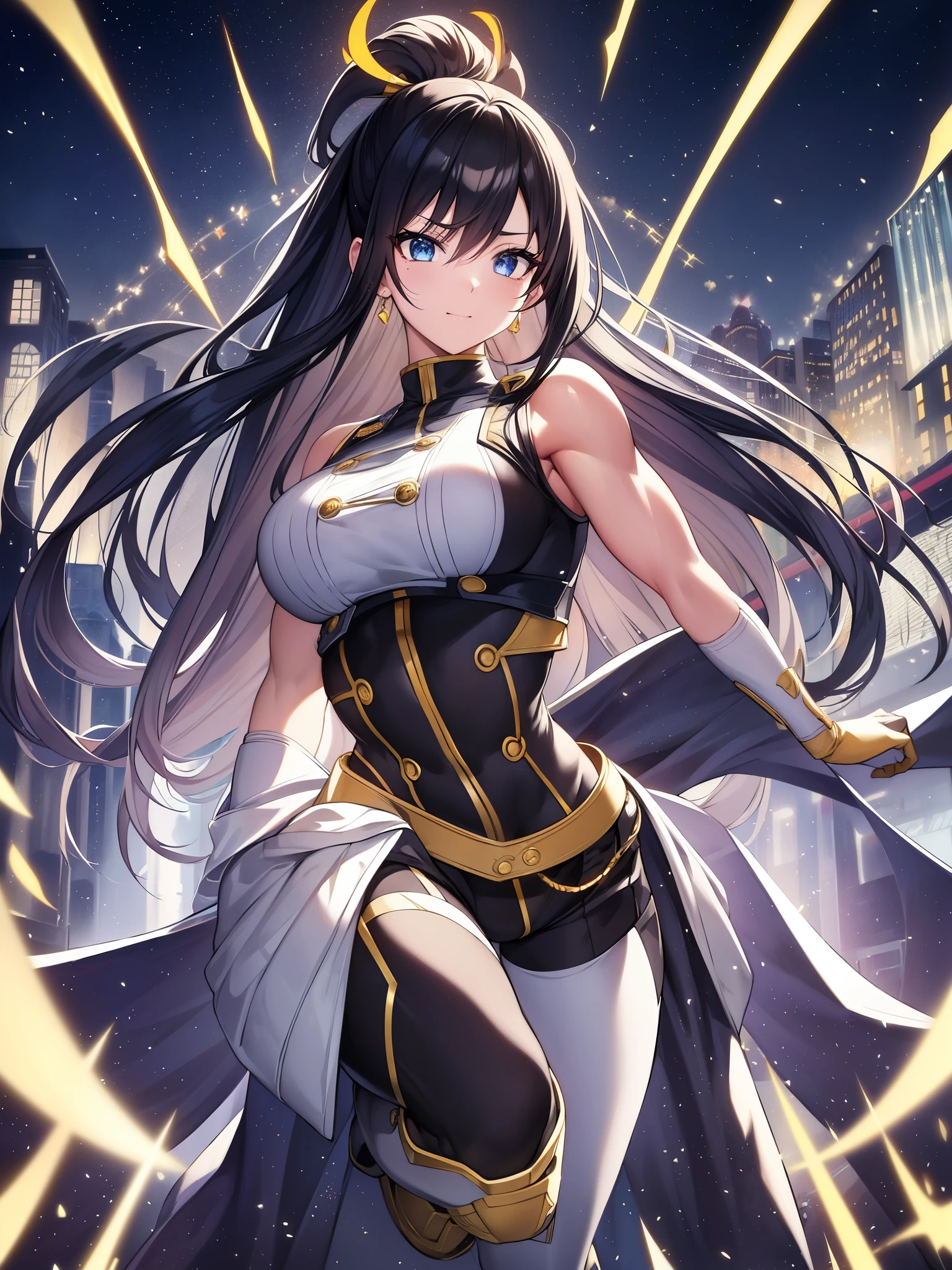 high contrast, (8K UHD:1.2), (photorealistic:1.2),(masterpiece:1.4), (best quality:1.4),extremely detailed wallpaper, highly detailed illustrations, (1 Girl), (best lighting) , (super-complex details) , 4K unified, (super-detailed CG: 1.2) , (8K: 1.2),(original), (masterpiece) , (best quality),(Masterpiece:1.4),Anime-ish high quality,(pov), nanashimura, \(boku no hero academia\), yellow gloves, black hair, long hair, folded ponytail, mole under mouth, cape, white cape, large breasts, blue eyes, sleeveless, full body bodysuit, hair between eyes, belt, boots, yellow footwear, fearless smile, muscular female, (from side, upright levitation and stylish pose, city buildings and night sky), anime picture, art cg, (ultra-detailed:1.3), masterpiece, best quality, illustration, particle lighting, beautiful detailed glow, an extremely delicate and beautiful, gleaming skin, shiny hair, detailed and delicate costumes,((muscular,muscles))