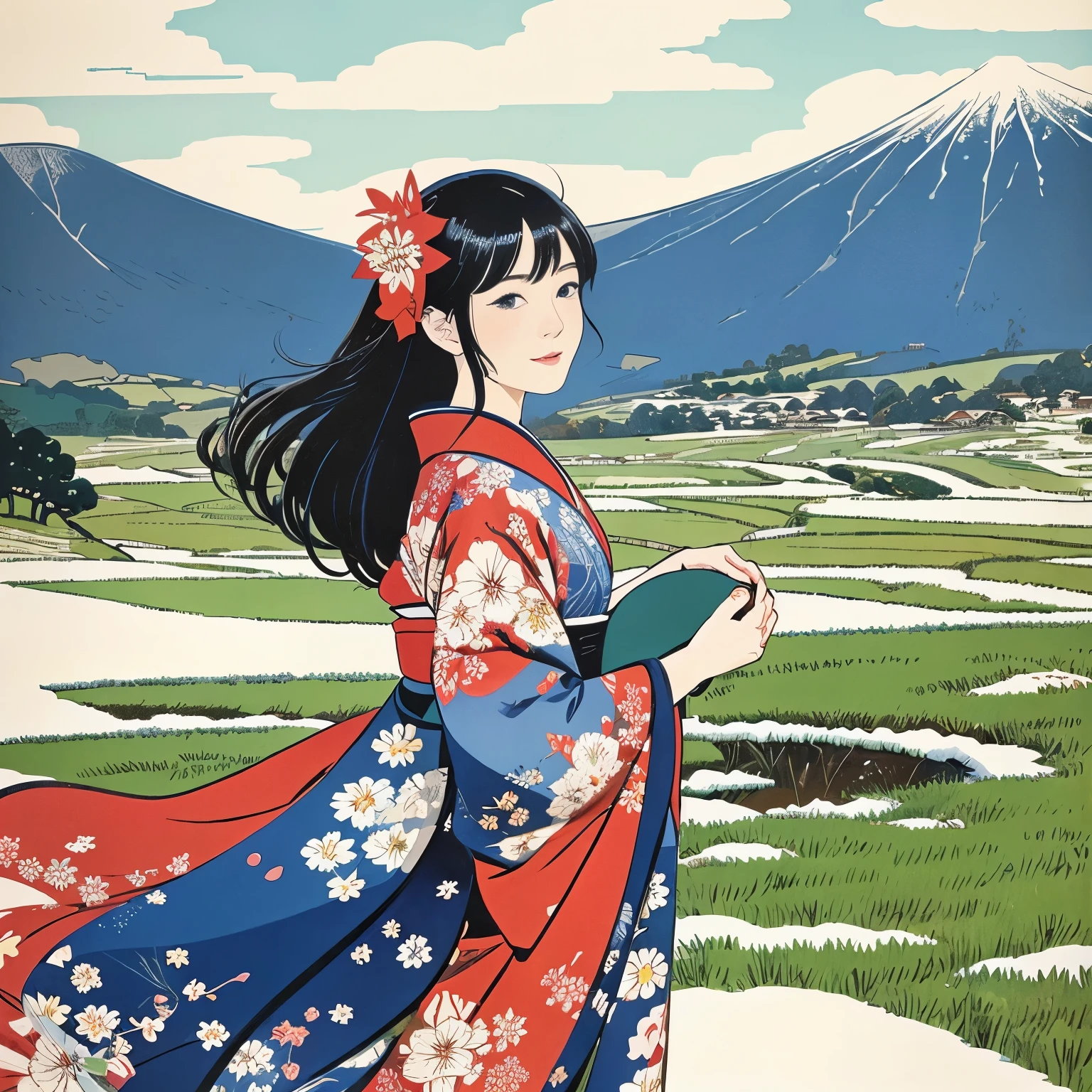 Illustration style、Showa Anime、woman、ukiyoe painting 、countryside landscape、Woman at the center、Delicate touch、finely、The wind is blowing、kimono、Japanese、Shinkai Makoto style、((winter)),((snow))