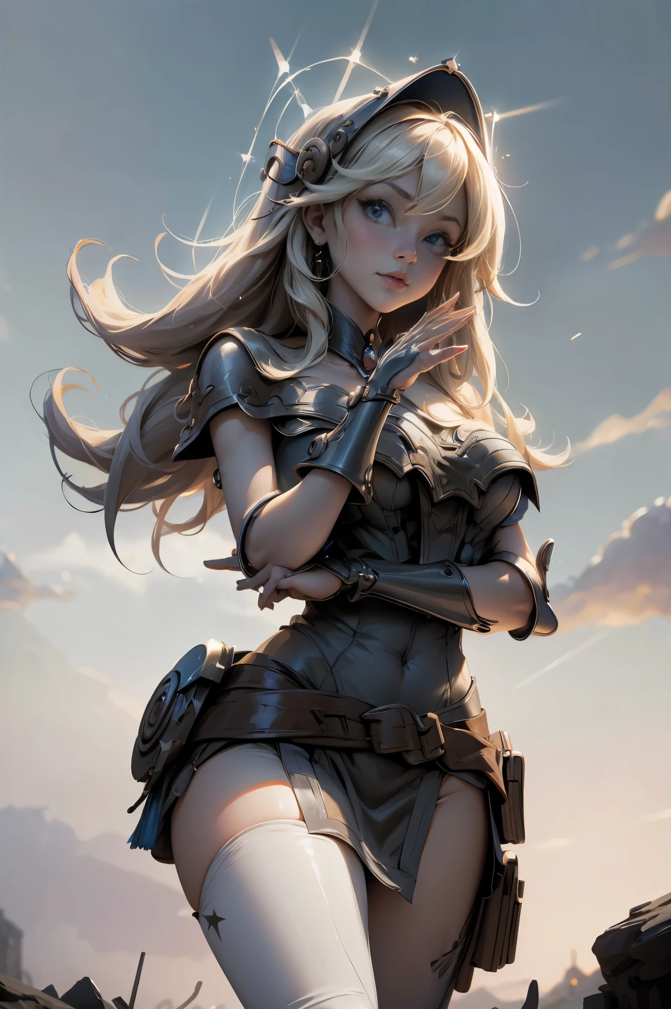 solamente, Super fine photo, Unreal Engine 5 8K UHD digital art portrait of a girl, Arte conceptual, character concept design, wearing a tight, shiny white dress with metallic details, corona de oro, ojos azules, fantasy princess, guante metalico, cabello largo y rubio, La mejor calidad, Obra maestra, Super detailed, sharp focus, pose Sujestiva y sexy y inocente y