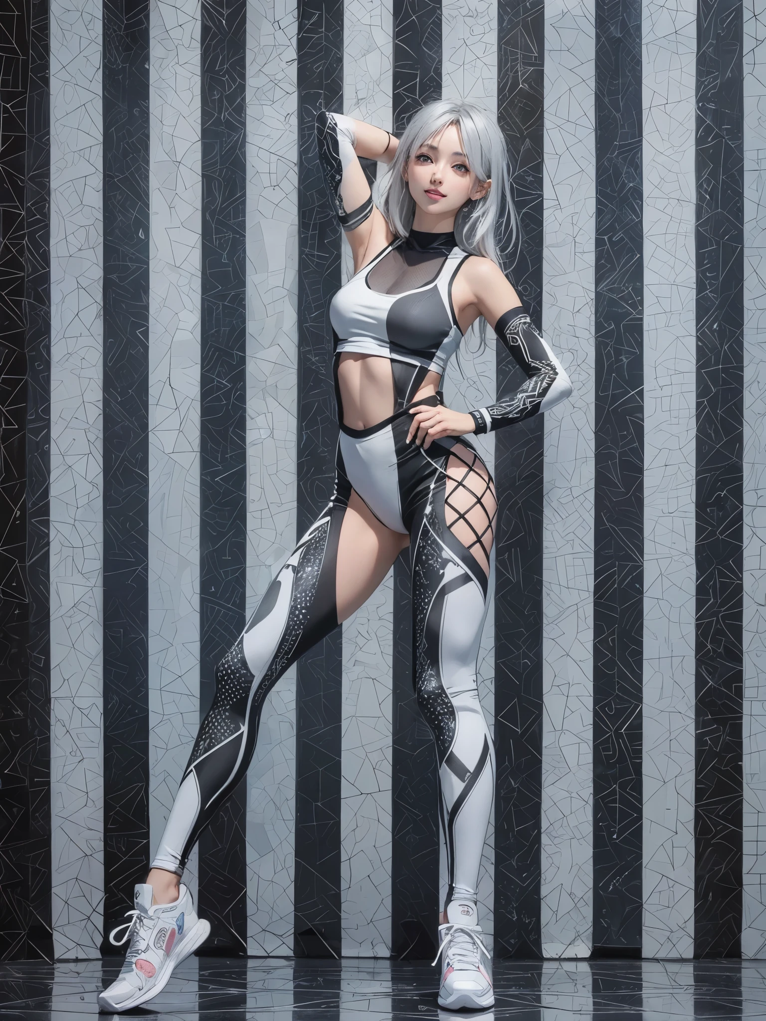 (anime:1.8), (Digital art:0.2), (Geometric art:1.7),(agpi official art, beautiful and aesthetic, ultra detailed, beautiful, masterpiece, best quality:1.6), (1girl:1.2), Detailed face, Detailed eyes, Detailed hair, young fingers, Detailed fingers, five fingers, BREAK cute ig model, Japanese cute model, 22 years old, Tightened all body, medium Breasts, small head, small face, small mouth, diamond Face, small nose, Sharp Faceline, (dropy eyes, Double eyelid, Light color eyes, Glossy eyes, Shiny eyes:1.2), Shiny skin, shiny hair, (gray hair:1.2),
_
BREAK (happy, smile, Teeth, Glossy Lip:1.2),beautiful Teeth,
_
BREAK (gym theme:1.2), (monochrome color palette:1.2), (sleek black leggings:1.2), (mesh details:1.2), (form-fitting white tank top:1.2), (black high-top sneakers:1.2), (sporty wristband:1.2),
_BREAK