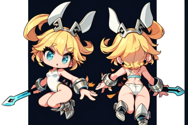 (((Best Quality))) , ((full body)), female, multiple views, white background, variety of hairstyles, gauntlets, greave, leotard, bare arms, holding weapon, variety of color clothes, bikini,