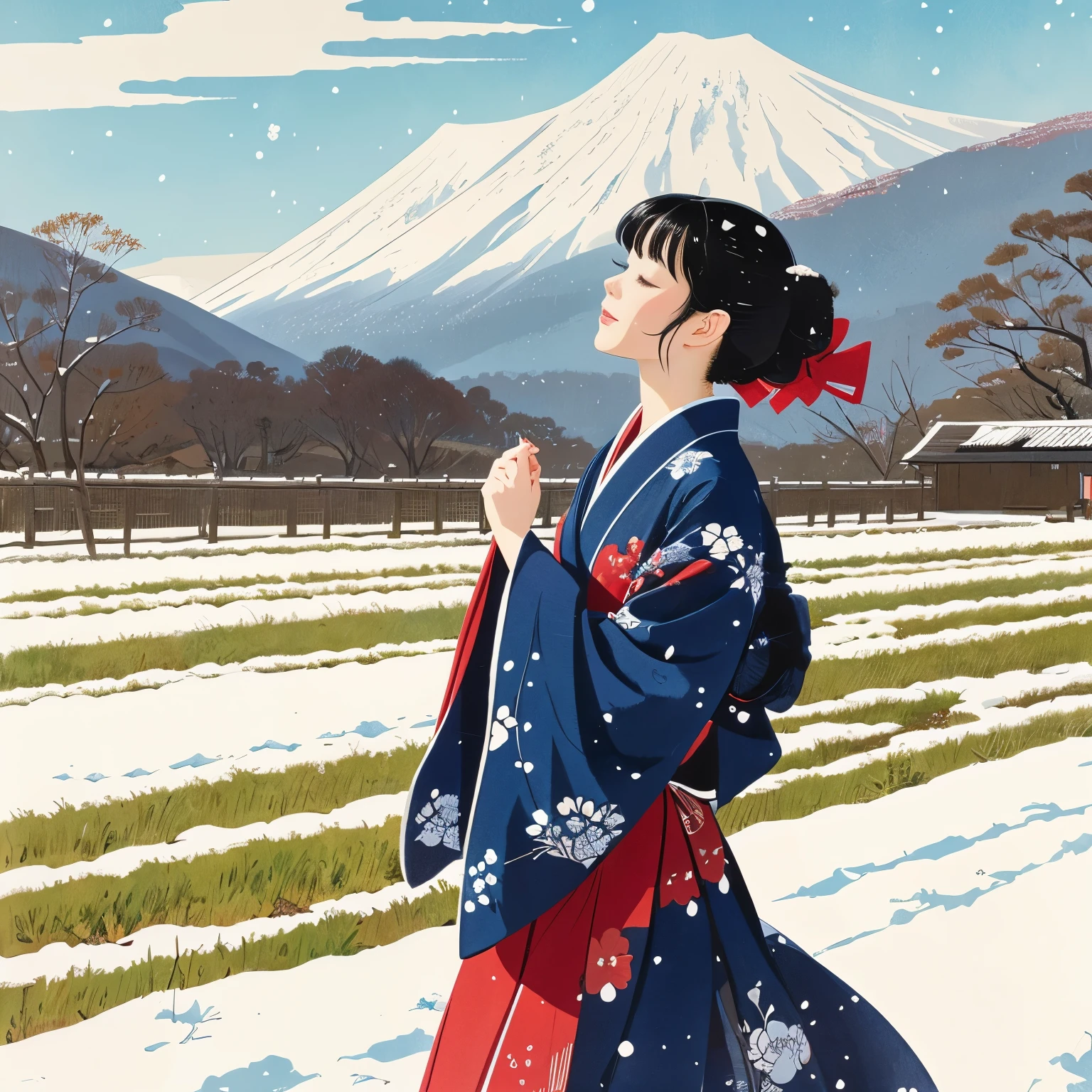 Illustration style、Showa Anime、woman、ukiyoe painting 、countryside landscape、Woman at the center、Delicate touch、finely、The wind is blowing、kimono、Japanese、Shinkai Makoto style、((winter)),((snow))