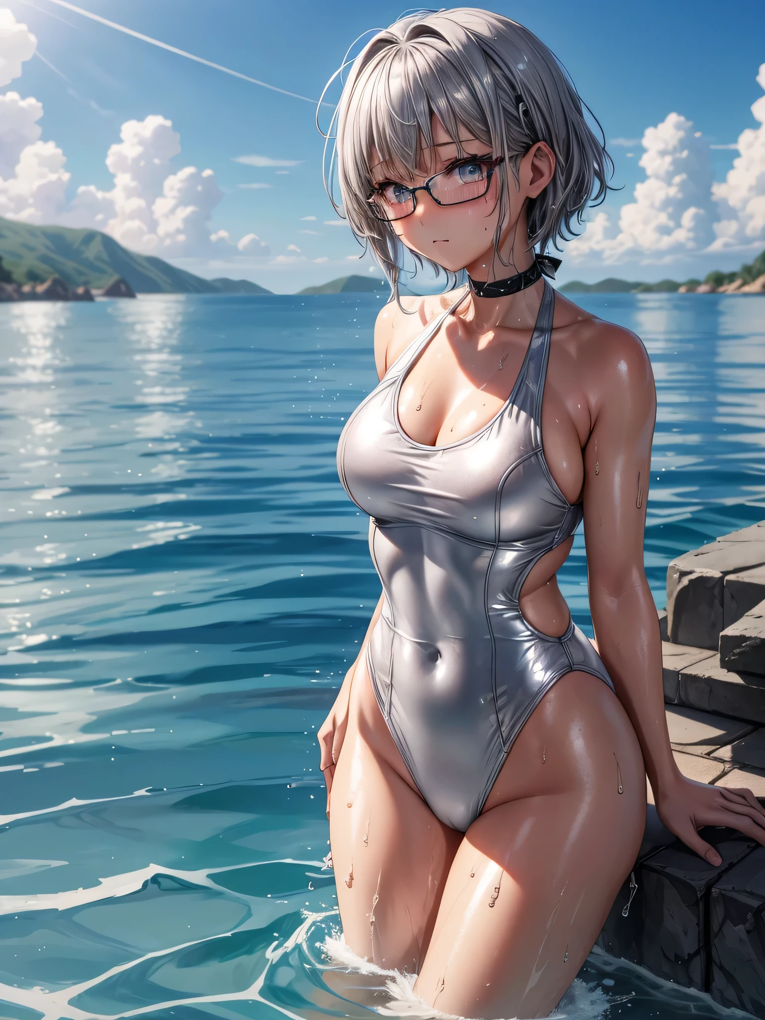 Top quality 8K UHD、glasses、wet silver metallic swimsuit、wet silver swimsuit、wet silver swimsuit、wet silver metallic school swimsuit、short hair、glassesをかけた短髪の銀髪美女、muscular、sweaty、soaking wet、