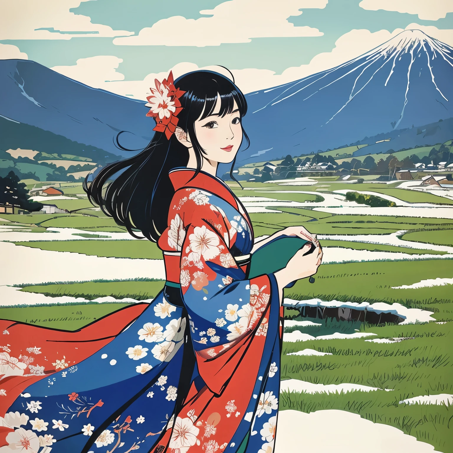 Illustration style、Showa Anime、woman、ukiyoe painting 、countryside landscape、Woman at the center、Delicate touch、finely、The wind is blowing、kimono、Japanese、Shinkai Makoto style、((winter)),((snow))