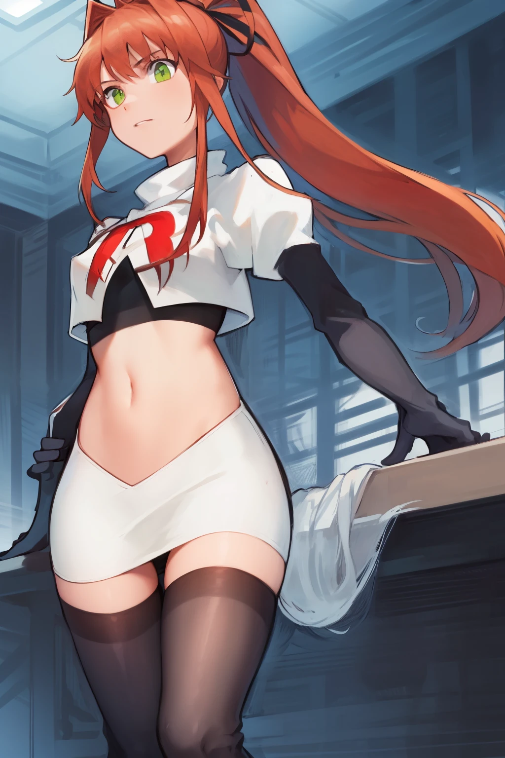 2d, masterpiece, best quality, anime, highly detailed, cowboy shot, 1girl, solo, monika, green eyes, very long hair, ponytail, team rocket,team rocket uniform,white skirt,red letter R,crop top,black thigh-highs,black elbow gloves