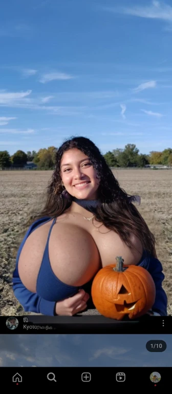 arafed woman holding a pumpkin in a field with a blue sky, profile picture, profile pic, with a tree in the background, profile image, holding a jack - o - lantern, she is a gourd, headshot profile picture, profile shot, with earth in the background, pumpkin patch, alanis guillen, 🍂 cute, with a park in the background, top half of body, full body shot close up, close up half body shot, neck zoomed in, upper body close up, Big tits, huge tits, no clothes, sexy, cute, wide hips, thick thighs, pear-shaped body, minimal clothes, thick, bbw, chubby stomach, thick nipples, nipple piercings, large areola, hard nipples, piercing through shirt, nipples hard through shirt, chubby stomach showing, tummy spilling over the side, muffin top, panties only, no pants, pants off, stomach too big for panties