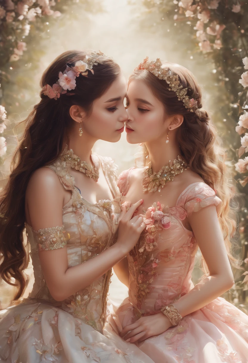 2girls, eye contact, kiss, Beautiful and pretty, princess, floral, jewel