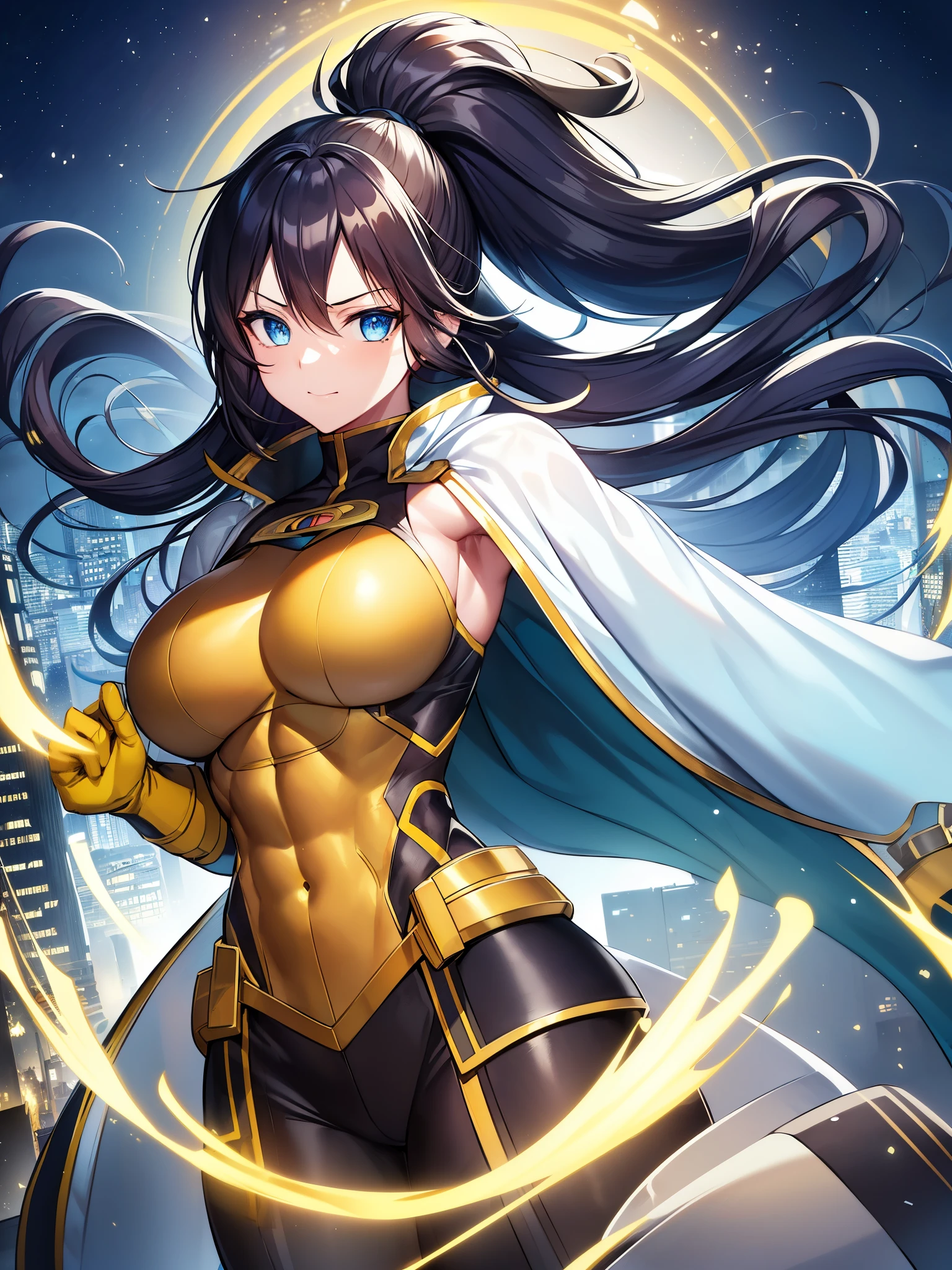 high contrast, (8K UHD:1.2), (photorealistic:1.2),(masterpiece:1.4), (best quality:1.4),extremely detailed wallpaper, highly detailed illustrations, (1 Girl), (best lighting) , (super-complex details) , 4K unified, (super-detailed CG: 1.2) , (8K: 1.2),(original), (masterpiece) , (best quality),(Masterpiece:1.4),Anime-ish high quality,(pov), nanashimura, \(boku no hero academia\), yellow gloves, black hair, long hair, folded ponytail, mole under mouth, cape, white cape, large breasts, blue eyes, sleeveless, full body bodysuit, hair between eyes, belt, boots, yellow footwear, fearless smile, muscular female, (from side, upright levitation and stylish pose, city buildings and night sky), anime picture, art cg, (ultra-detailed:1.3), masterpiece, best quality, illustration, particle lighting, beautiful detailed glow, an extremely delicate and beautiful, gleaming skin, shiny hair, detailed and delicate costumes,((muscular,muscles))