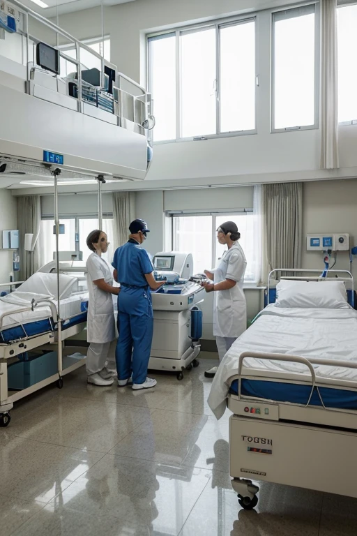 (highres,realistic,hospital) A group of highly professional doctors and nurses attending to their patients in a modern hospital. The doctors are wearing white lab coats and stethoscopes, while the nurses are in their vibrant scrubs. The patients are comfortably lying on beds, receiving top-notch medical care. The hospital equipment is state-of-the-art, including monitors, IV stands, and medical gadgets. The lighting in the hospital is bright and clean, giving a sense of professionalism and reassurance. The color tone of the scene is clean and sterile, with a hint of blue and white, representing the hospital environment.