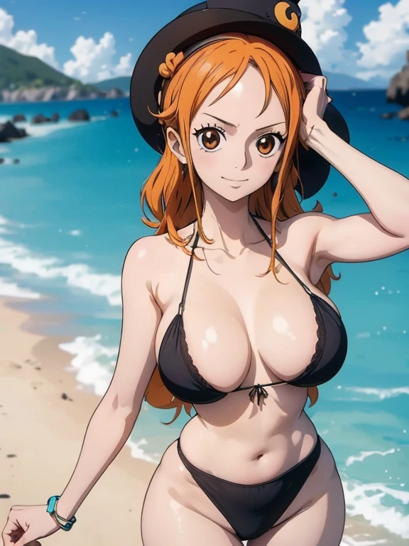 (estilo de arte de anime),nami from one piece, olhos castanhos, cabelo de rabo de cavalo longo laranja, wearing black biquini, sentado na praia, (NSFW), vista de costa.