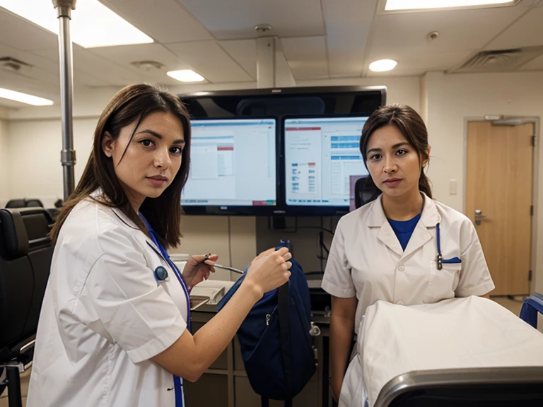 Pixar model white woman dark brown hair tied up doctor with glasses and middle aged in light blue walls office near computer and stethoscope on blue neck with  sitting on examination table