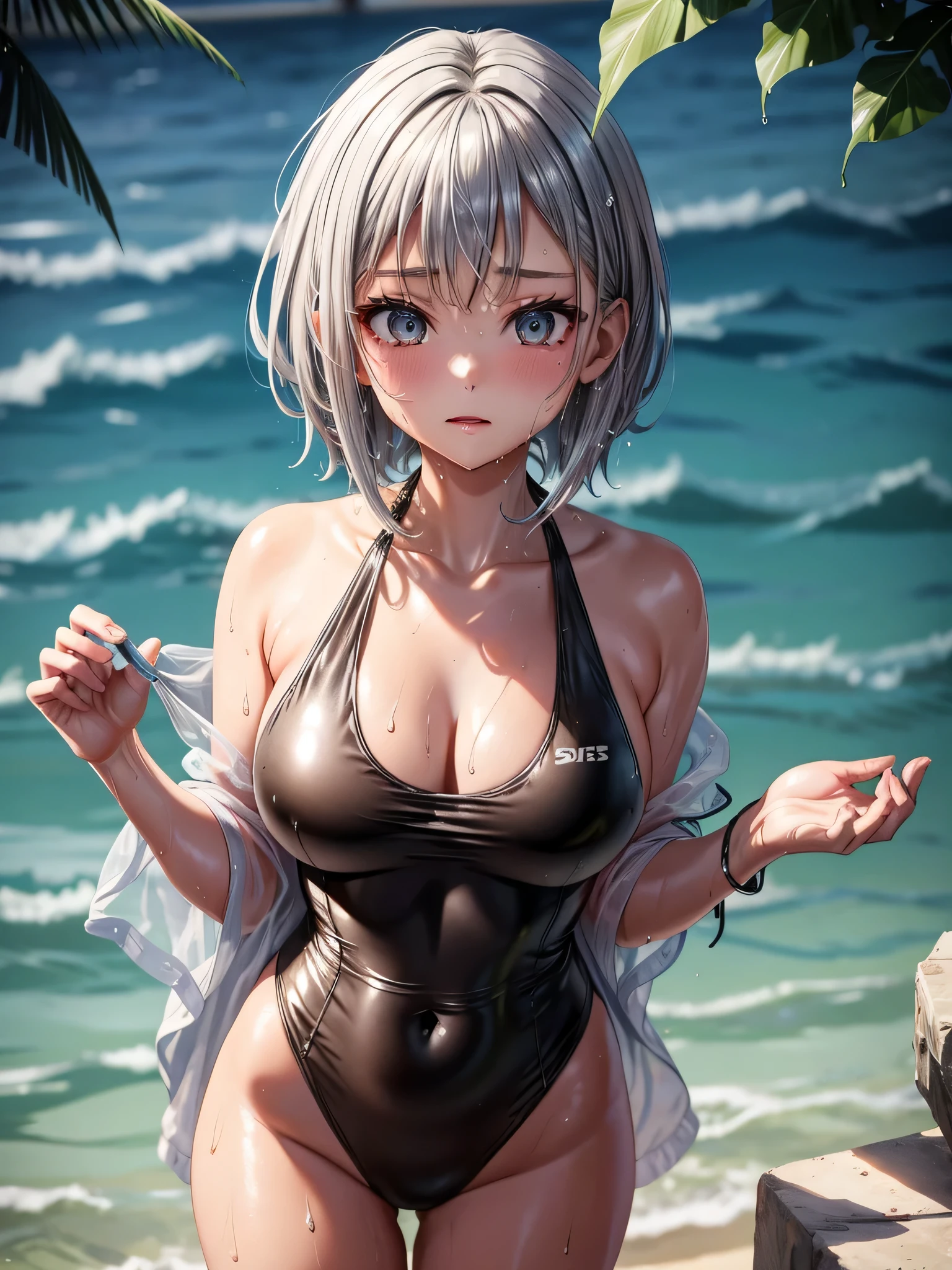 Top quality 8K UHD、glasses、wet silver metallic swimsuit、wet silver swimsuit、wet silver metallic swimsuit、wet silver metallic school swimsuit、short hair、glassesをかけた短髪の銀髪美女、muscular、sweaty、soaking wet、