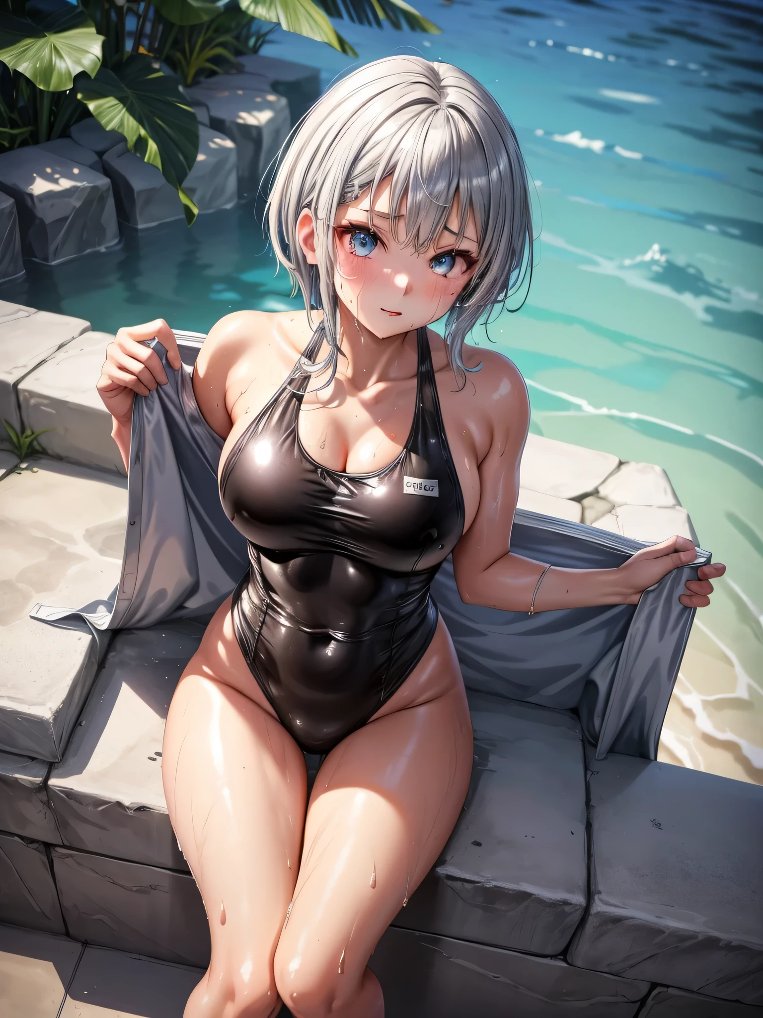 Top quality 8K UHD、glasses、wet silver metallic swimsuit、wet silver swimsuit、wet silver metallic swimsuit、wet silver metallic school swimsuit、short hair、glassesをかけた短髪の銀髪美女、muscular、sweaty、soaking wet、