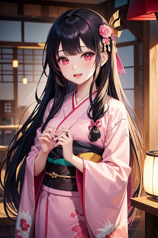 asian woman, best quality, beautiful lighting, professional lighting, photon mapping, radiosity, physically-based rendering,, kamado nezuko, 1girl, black hair, forehead, hair ribbon, japanese clothes, kimono, long hair, multicolored hair, open mouth, pink eyes, pink kimono, pink ribbon, ribbon, smile, very long hair, sky