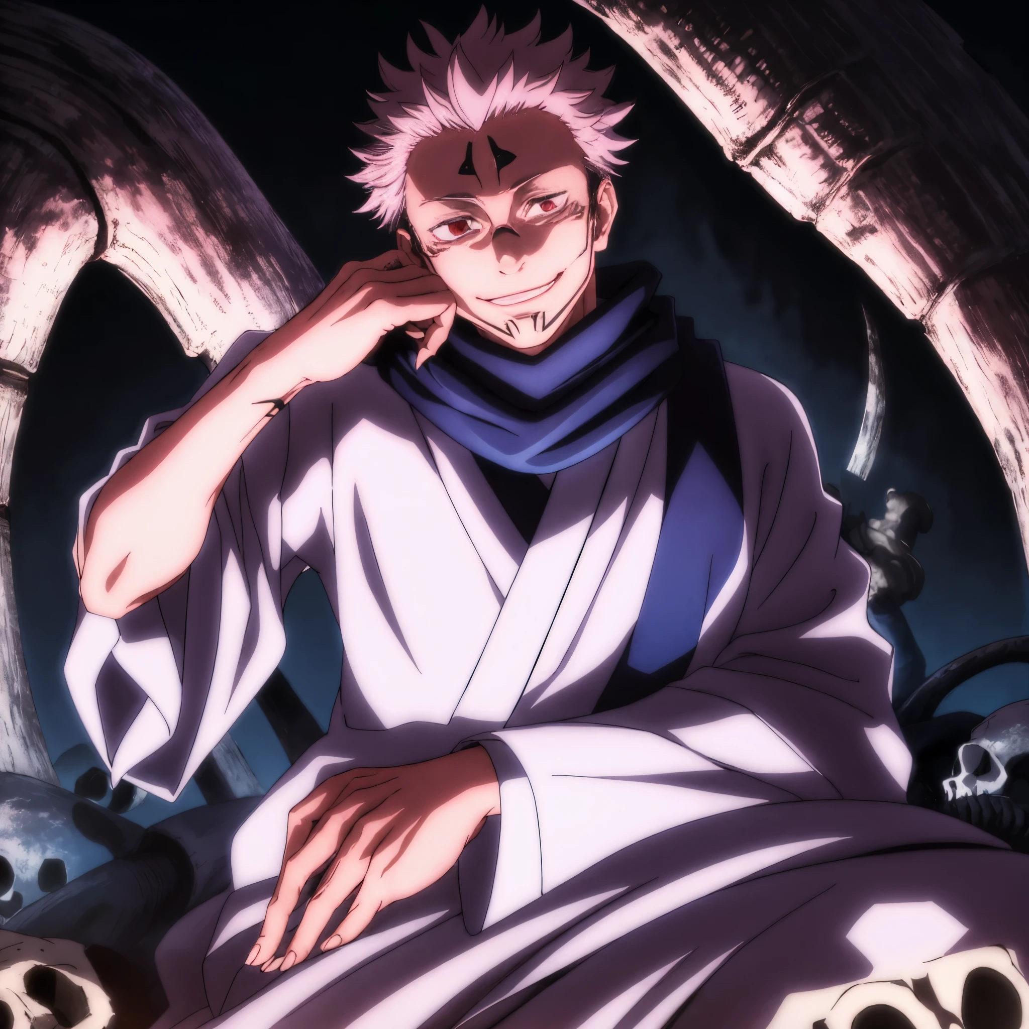 masterpiece,high quality,alone,
Ryoumen Sukuna,1 man,
blue scarf,kimono,white kimono,wide sleeve,long sleeve,
heart,
or,Zuri,
face with shadow,with an evil smile,
animal skull,
skull,sitting,
put your hand on your face,shining eyes,