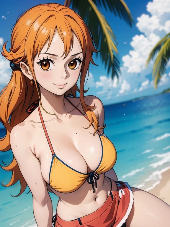 Nami wears a bikini top and super red miniskirt, uma obra-prima , Retrato bonito , arte de anime digital detalhada , Muito detalhes Artgerm haha, deviantart artstation cgsscosiety , fanart melhor artstation, Artgerm. alto detalhamento, seios grandes, olhando para baixo.