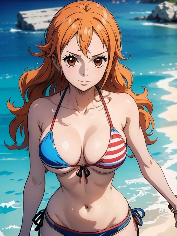 Nami wears a bikini top and super red miniskirt, uma obra-prima , Retrato bonito , arte de anime digital detalhada , Muito detalhes Artgerm haha, deviantart artstation cgsscosiety , fanart melhor artstation, Artgerm. alto detalhamento, seios grandes, olhando para baixo.