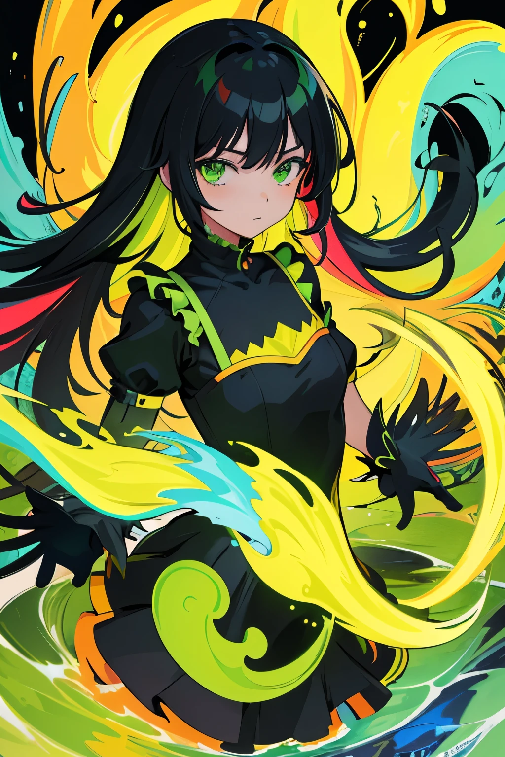 (Flat Color:1.1),(Colorful:1.3),(Masterpiece:1.2), Best Quality, Masterpiece, Original, Very Detailed Wallpaper, Look Viewer,1girl,Solo, Colorful Water Floating, yellow, black and green dress, green flames, yellow and black hair