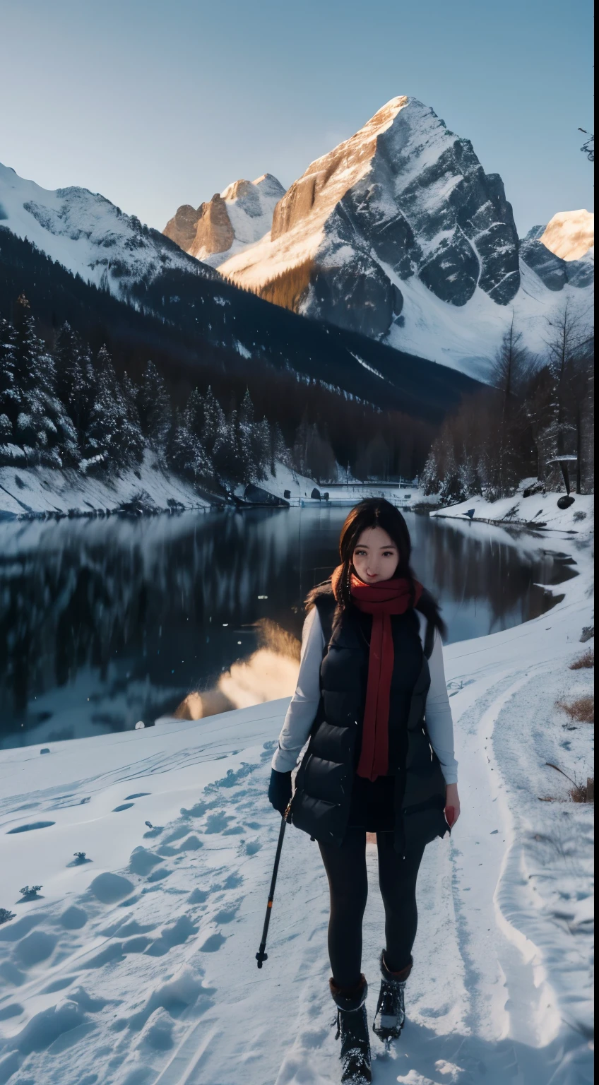 NSFW, 8k, highest quality, High resolution, realistic, real person, See the winter scenery of Northern Europe from a different perspective, Depicts a beautiful woman wearing a long down vest to endure the cold weather. Make the scene even more dramatic with powerful production.。, snow-capped mountain々or big mountain々, majestic frozen lake. The sky is a mixture of soft dawn colors, The faces of the figures are a mixture of awe and struggle against the cold., Emphasize resilience in harsh environments. big ass, beautiful feet, long beautiful feet, Completely naked inside the down vest