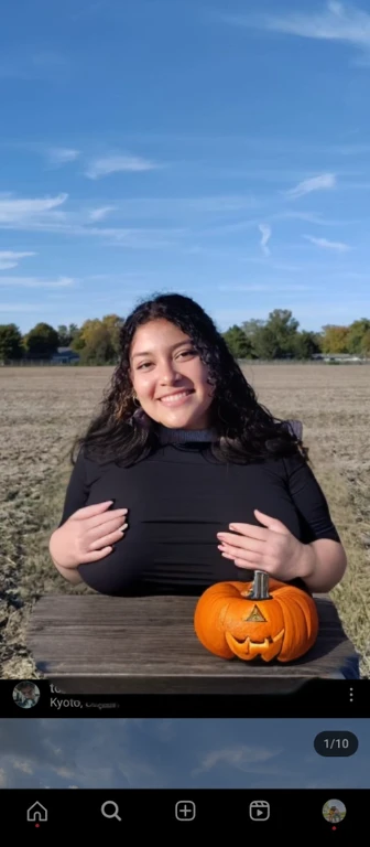 arafed woman holding a pumpkin in a field with a blue sky, profile picture, profile pic, with a tree in the background, profile image, holding a jack - o - lantern, she is a gourd, headshot profile picture, profile shot, with earth in the background, pumpkin patch, alanis guillen, 🍂 cute, with a park in the background, top half of body, full body shot close up, close up half body shot, neck zoomed in, upper body close up, Big tits, huge tits, no clothes, sexy, cute, wide hips, thick thighs, pear-shaped body, minimal clothes, thick, bbw, chubby stomach, thick nipples, nipple piercings, large areola, hard nipples, piercing through shirt, nipples hard through shirt, chubby stomach showing, tummy spilling over the side, muffin top, panties only, no pants, pants off, stomach too big for panties