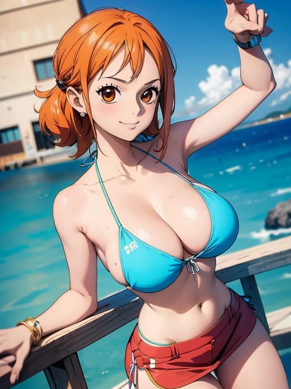 Nami wears a bikini top and super red miniskirt, decote , uma obra-prima , Retrato bonito , arte de anime digital detalhada , Muito detalhes Artgerm haha, deviantart artstation cgsscosiety , fanart melhor artstation, Artgerm. alto detalhamento, seios grandes, olhando para baixo.