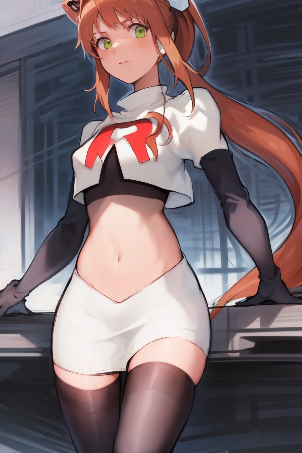 Elhaym von Houten, Uniform, Posing, Massive Breasts stretch the fabric of her uniform.  Orange Hair, beautiful redhead hair.  Gloves.  Stockings.  Boots.  Elhaym van Houten.