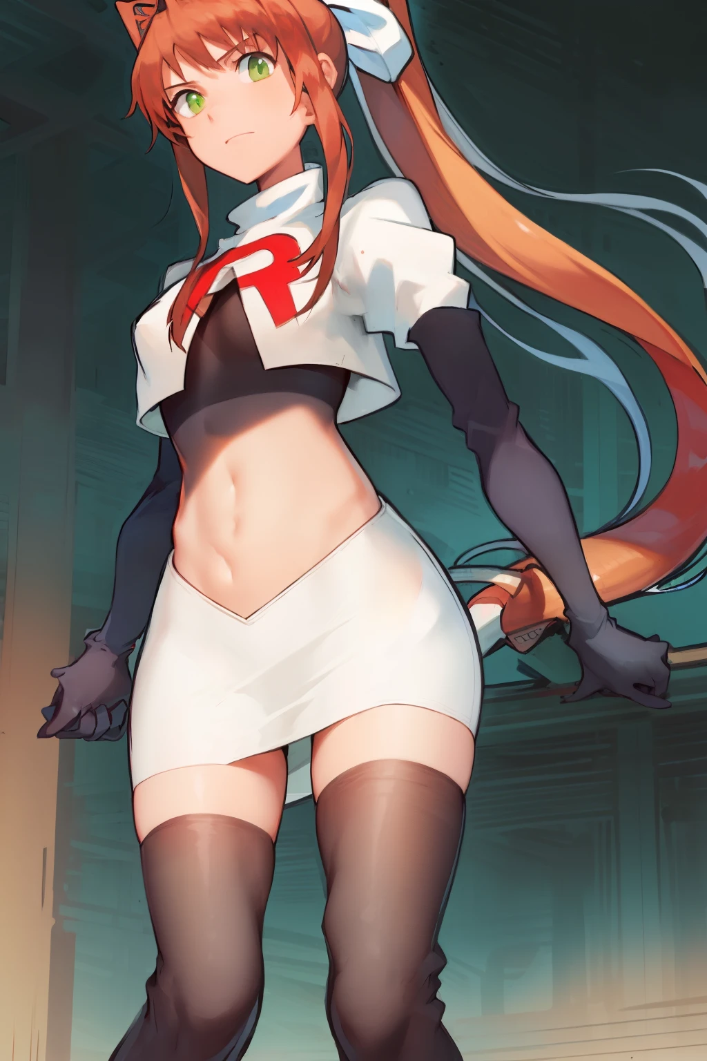2d, masterpiece, best quality, anime, highly detailed, cowboy shot, 1girl, solo, monika, green eyes, very long hair, ponytail, team rocket,team rocket uniform,white skirt,red letter R,crop top,black thigh-highs,black elbow gloves