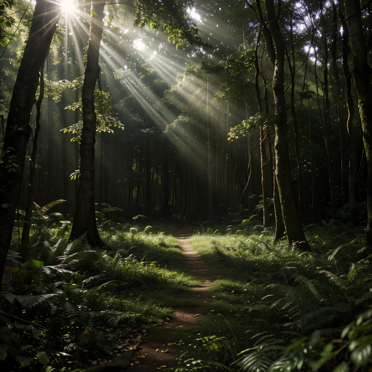 (Masterpiece, best quality), jungle, some light beams through the leafs, dense forest