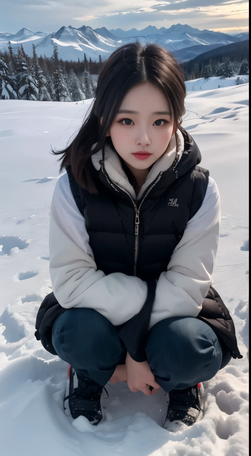 NSFW, 8k, highest quality, High resolution, realistic, real person, See the winter scenery of Northern Europe from a different perspective, Depicts a beautiful woman wearing a long down vest to endure the cold weather. Make the scene even more dramatic with powerful production.。, snow-capped mountain々or big mountain々, majestic frozen lake. The sky is a mixture of soft dawn colors, The faces of the figures are a mixture of awe and struggle against the cold., Emphasize resilience in harsh environments. big ass, beautiful feet, long beautiful feet, Completely naked inside the down vest