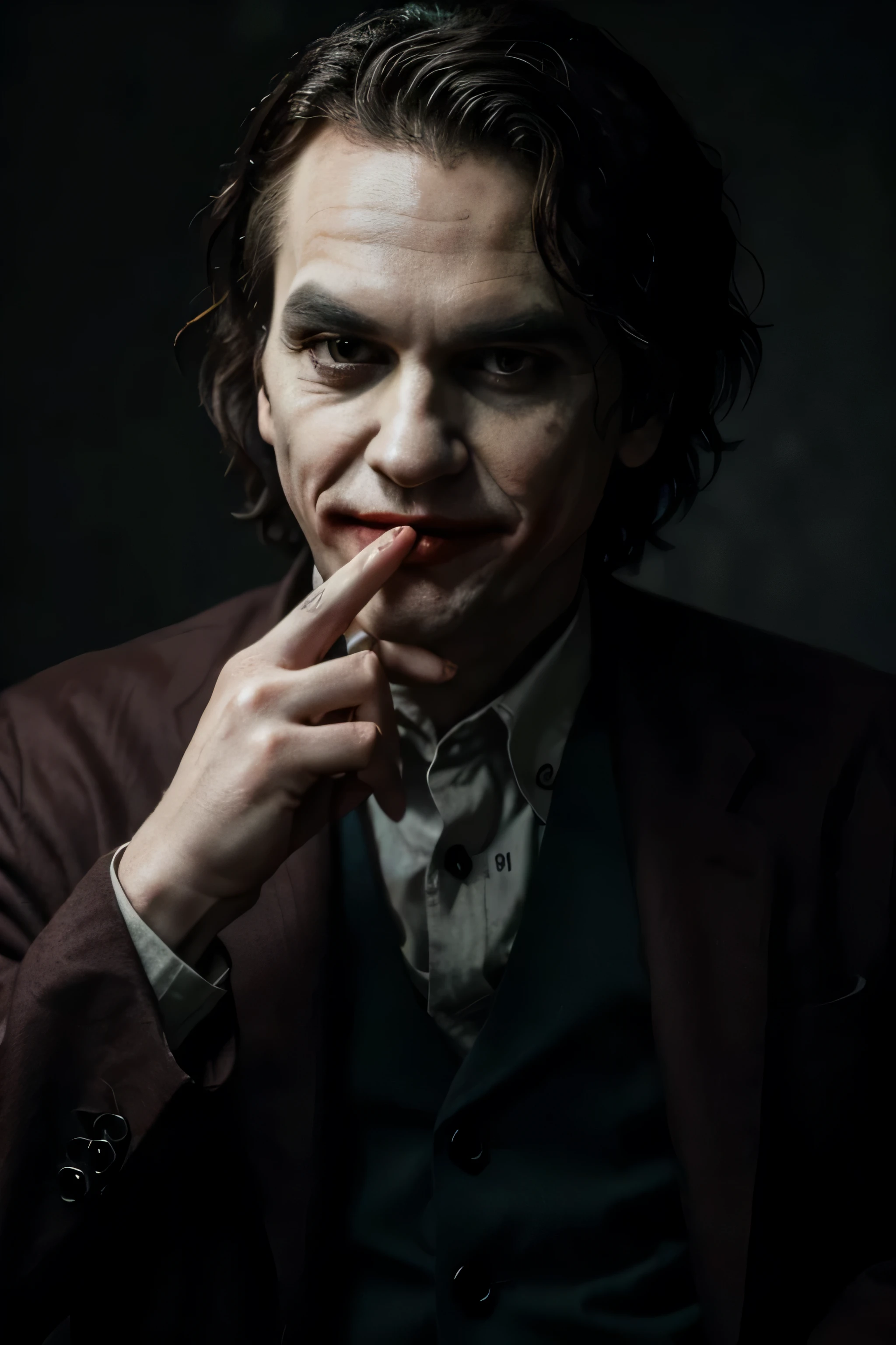 joker in the movie, hissing finger gesture, dark background,Show only your face,