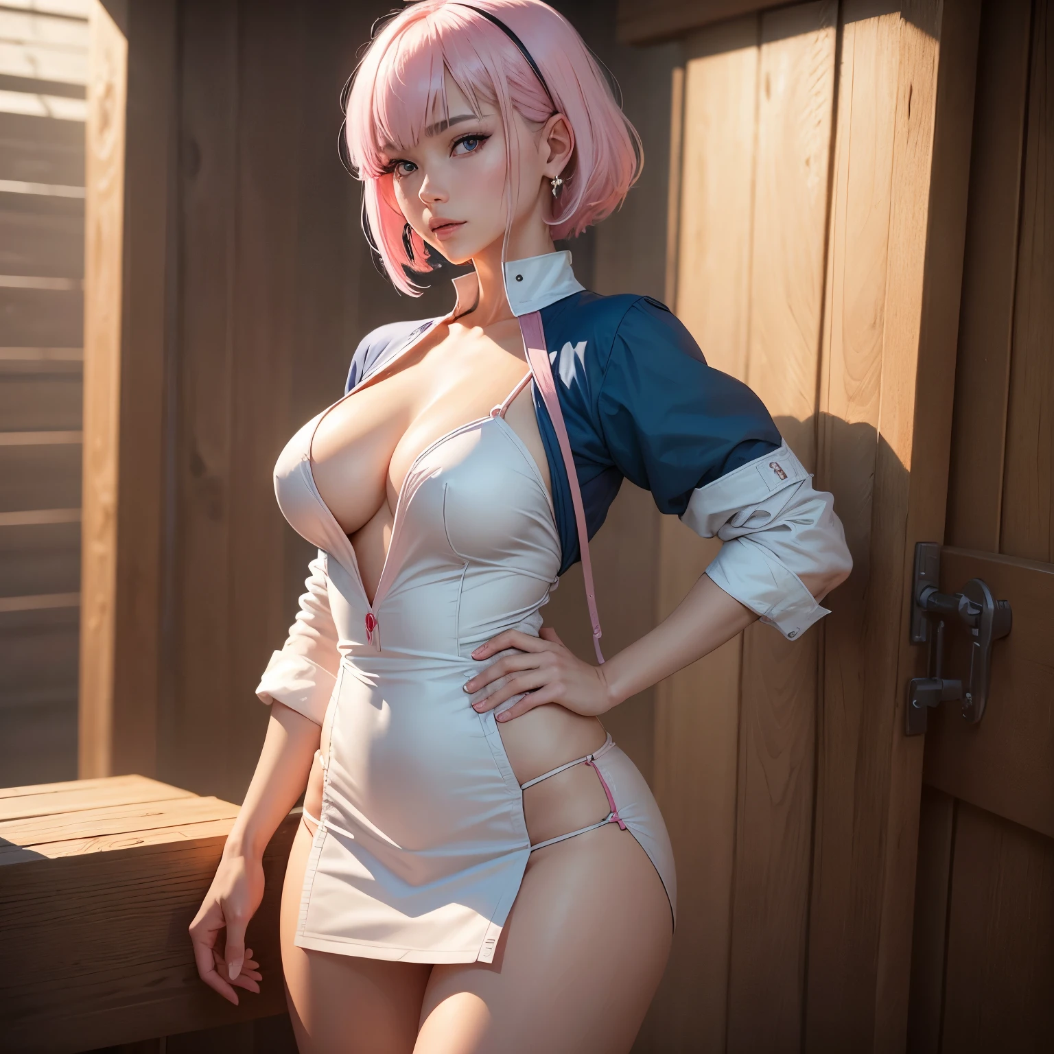 8k, masterpiece, best quality, realistic, higly detailed, cowboy shot, 1girl, solo, Ichika Nakano, very short hair that has a single long strand on the right side, white-pink hair, a single earring, dark blue eyes, average height, well-endowed figure, large breasts, cute, Nurse