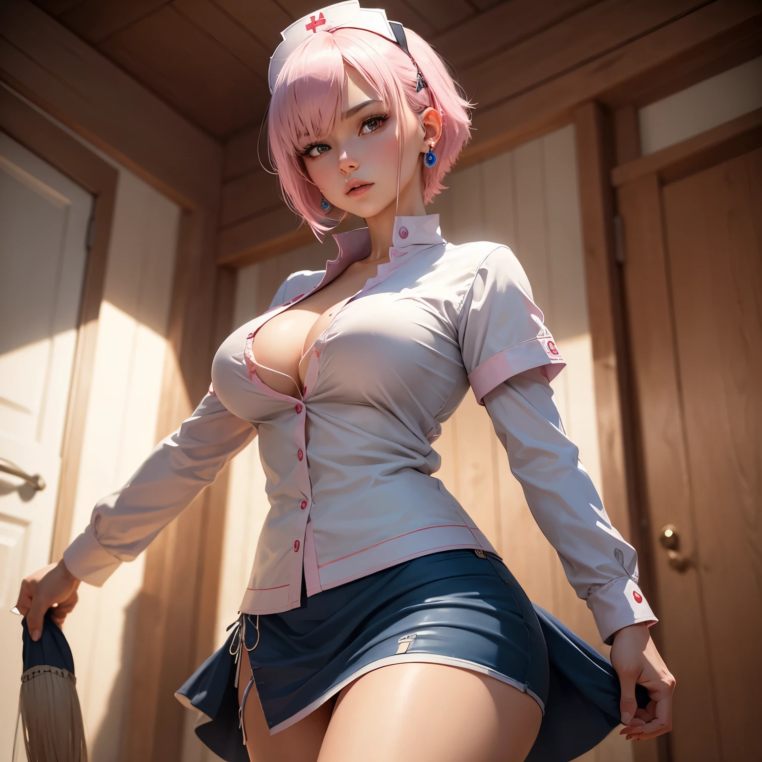 8k, masterpiece, best quality, realistic, higly detailed, cowboy shot, 1girl, solo, Ichika Nakano, very short hair that has a single long strand on the right side, white-pink hair, a single earring, dark blue eyes, average height, well-endowed figure, large breasts, cute, Nurse