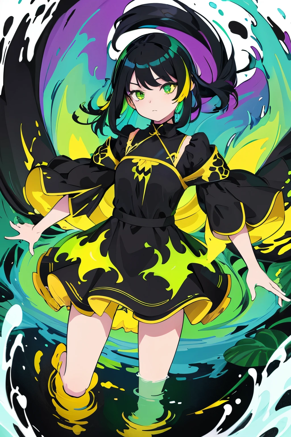 (Flat Color:1.1),(Colorful:1.3),(Masterpiece:1.2), Best Quality, Masterpiece, Original, Very Detailed Wallpaper, Look Viewer,1girl,Solo, Colorful Water Floating, yellow and black dress, green flames, green eyes, yellow and black hair,