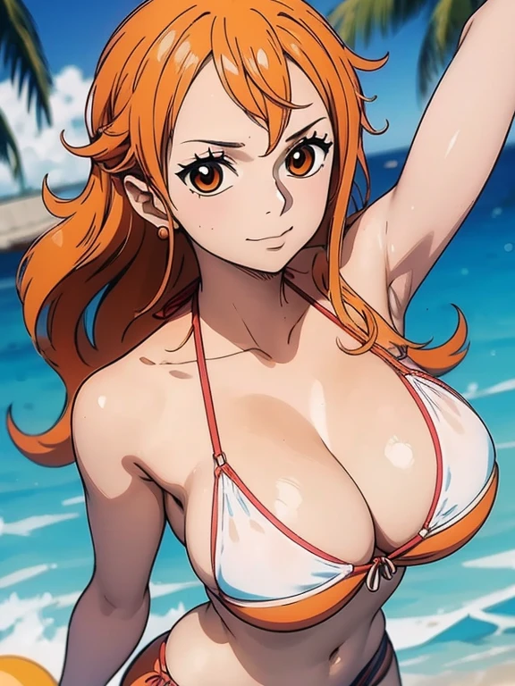 Nami wears a bikini top and super red miniskirt, decote , uma obra-prima , Retrato bonito , arte de anime digital detalhada , Muito detalhes Artgerm haha, deviantart artstation cgsscosiety , fanart melhor artstation, Artgerm. alto detalhamento, seios grandes, olhando para baixo.