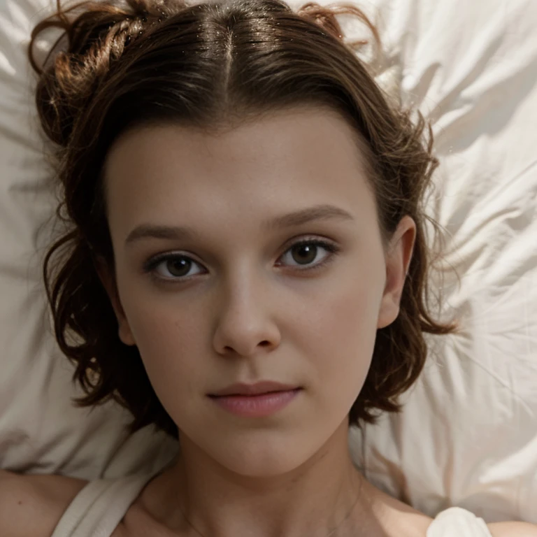 Millie Bobby Brown as Eleven, from Stranger Things season 3, shirtless lying in bed I'm on top of her face close up