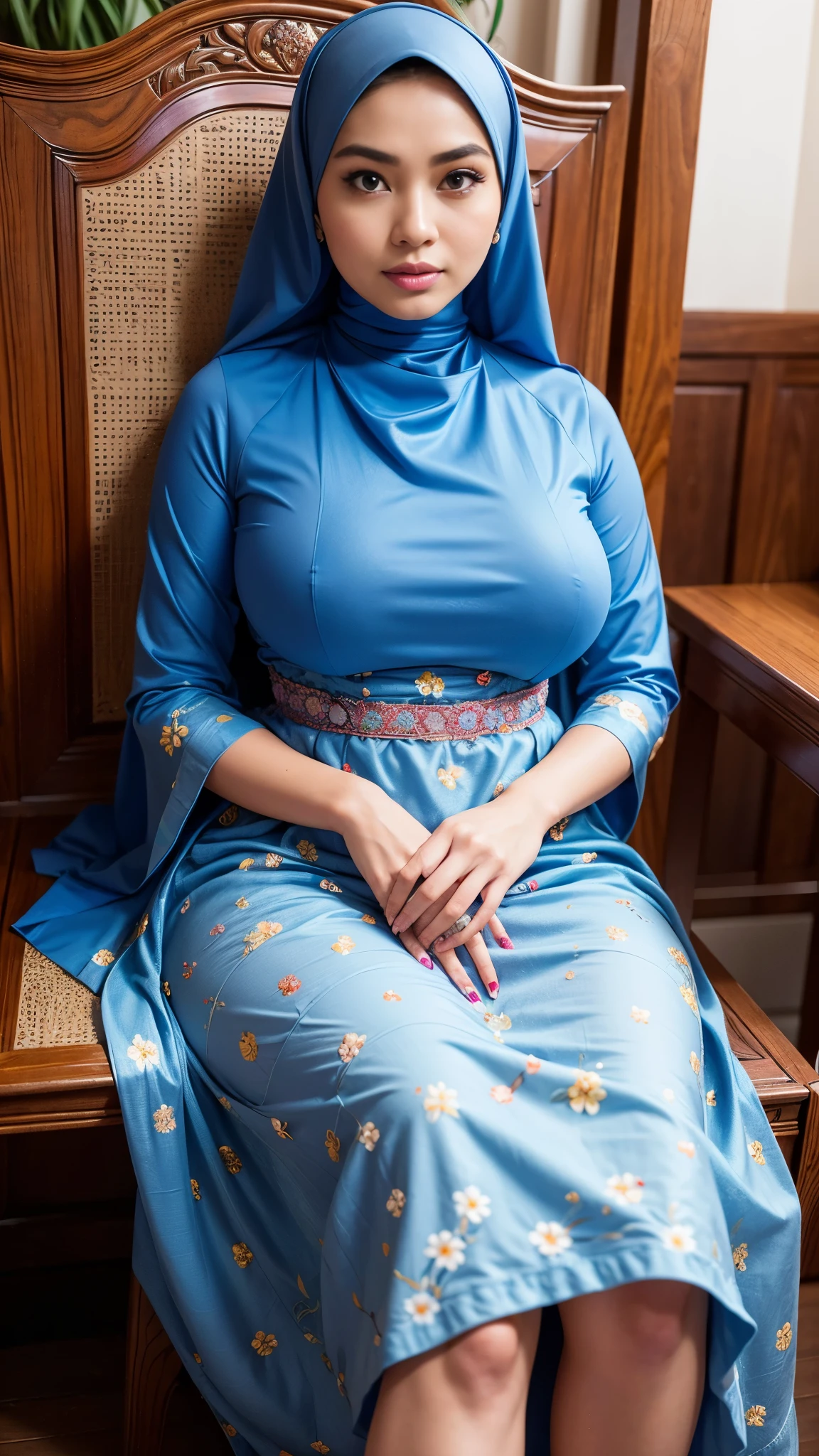 RAW, Best quality, high resolution, masterpiece: 1.3), beautiful Malay woman in hijab, Masterpiece, perfect fit body, Big breasts, thick thighs, beautiful big eyes, mole under the eyes, long eyelashes, big eyes, beutifull face, Soft smile, woman sitting on a wooden chair in a long floral blue dress, taken in 2 0 2 3, very bright, long blue traditional dress, with beautiful colors,, traditional beauty, taken in 2023, wearing beautiful clothes, with beautiful appearance, extraordinary masterpiece, colorful, beautiful woman, 25 old year, beautiful, colourful pastel, floral!, Soft turtleneck, Great lighting, Bright colors, Clean lines