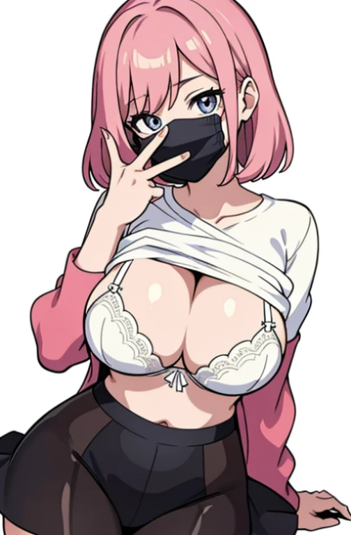 Anime girl in lingerie takes selfie with mobile phone,, wearing bra, mobile phone in front of covering face, one hand on own chest, lifted by self, shirt lift, white background, head out of frame, white background,
