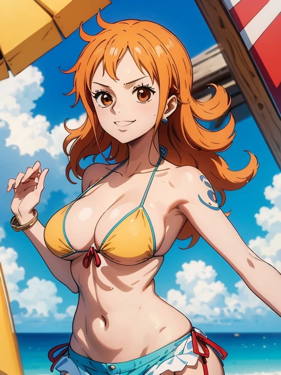 Nami wears a bikini top and super red miniskirt, decote , uma obra-prima , Retrato bonito , arte de anime digital detalhada , Muito detalhes Artgerm haha, deviantart artstation cgsscosiety , fanart melhor artstation, Artgerm. alto detalhamento, seios grandes, olhando para baixo.