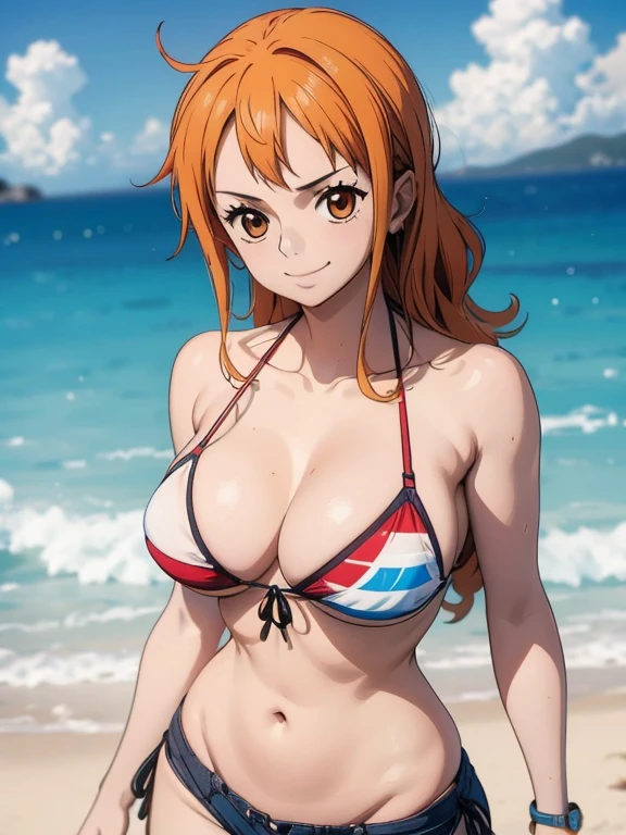 Nami wears a bikini top and super red miniskirt, decote , uma obra-prima , Retrato bonito , arte de anime digital detalhada , Muito detalhes Artgerm haha, deviantart artstation cgsscosiety , fanart melhor artstation, Artgerm. alto detalhamento, seios grandes, olhando para baixo.