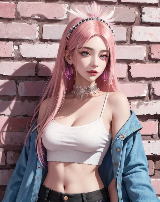 (masterpiece, highest quality, 1 girl, alone, intricate details, chromatic aberration), realistic, ((Medium Breath)),long hair, pink hair, Red headdress, pink highlights, hair above one eye,purple eyes, earrings, clear eyes, choker, Neon Shirt, open jacket, crop top, (eye of symmetry),(perfect symmetrical body),Against Wall, brick wall, graffiti, dim lighting, alley ,view viewer