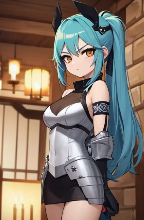 Imagen estilo anime de una chica de cabello azul y es baja y musculosa viste una armadura medieval
