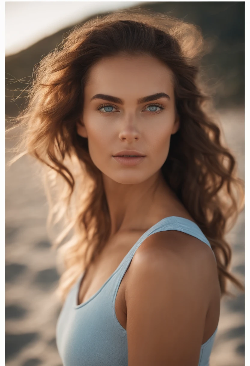 a young girl of 26 years old, very light blue eyes, wavy hair, brown, swarthy, sporty shape in the beach sexy